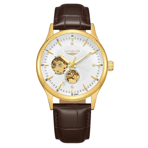 Relógio automático skeleton masculino LONGLUX Dornell dourado — mostrador transparente com engrenagens visíveis