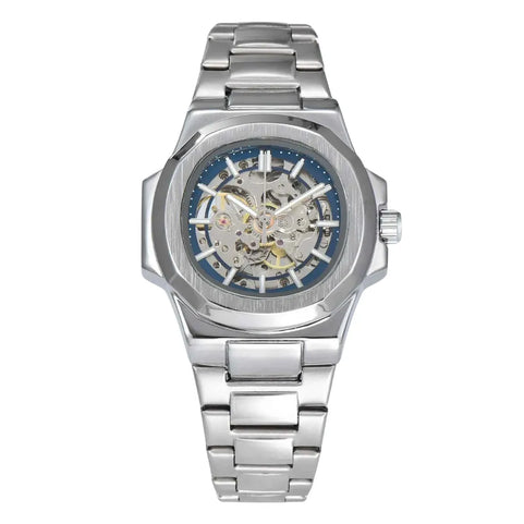 Relógio LongLux Patton Bule Silvery — relógio prata com mostrador skeleton, caixa em liga e pulseira em aço