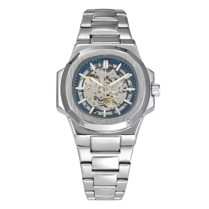 Relógio LongLux Patton Bule Silvery — relógio prata com mostrador skeleton automático