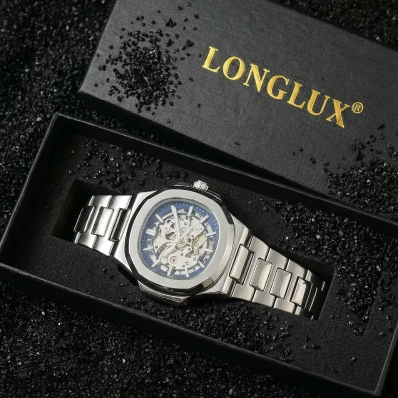 Relógio LongLux Patton Bule Silvery — design prata com mostrador skeleton